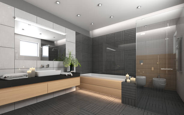 istock Grey bathroom with wood panels 1189928202