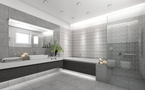 istock Grey bathroom with dark wood 1189928231