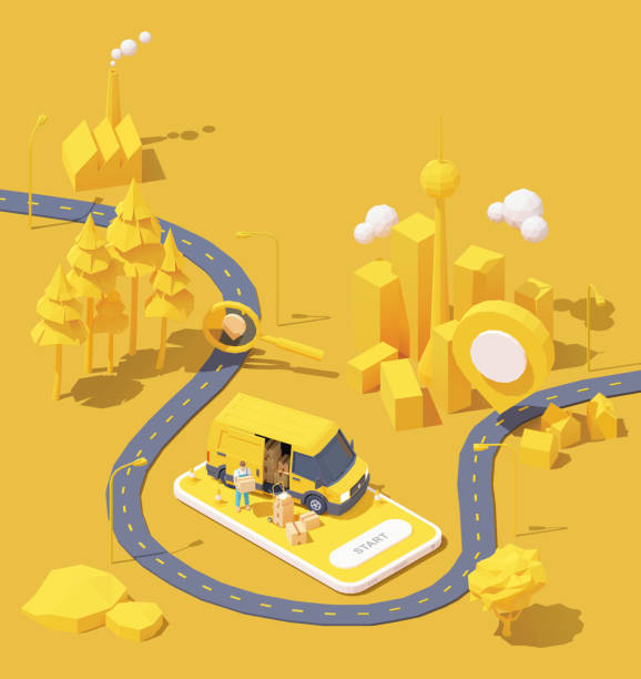 Vector courier delivery service illustration Vector parcel and mail delivery service and tracking app illustration, Smartphone with yellow delivery truck, delivery courier holding cardboard box, road from factory to home. Supply chain online shopping illustrations stock illustrations