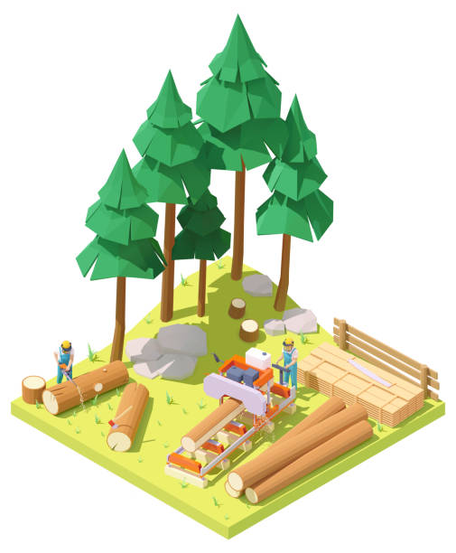 illustrazioni stock, clip art, cartoni animati e icone di tendenza di segheria portatile isometrica vettoriale nella foresta - lumber industry forest tree pine
