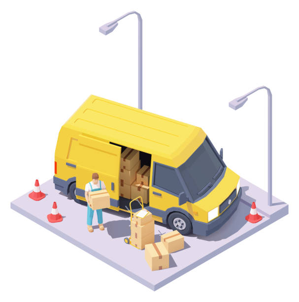 illustrazioni stock, clip art, cartoni animati e icone di tendenza di corriere isometrico vettoriale con pacchi e furgone di consegna - delivery van distribution warehouse vector shipping