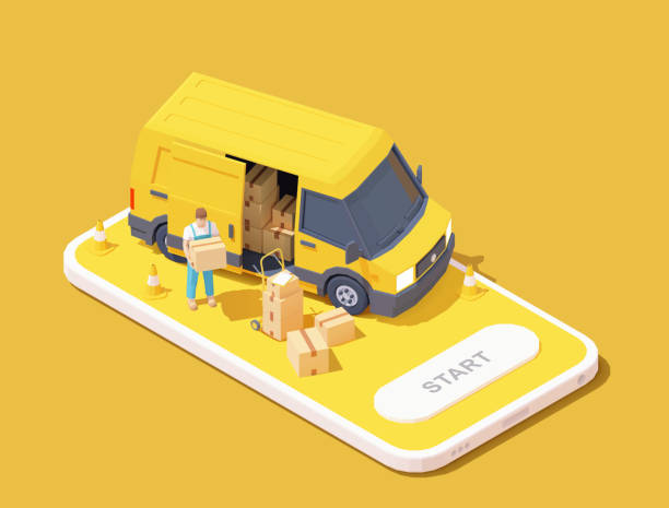 Vector delivery service app illustration Vector parcel and mail delivery service and tracking app illustration, Smartphone with yellow delivery truck, express delivery courier holding cardboard box e commerce illustrations stock illustrations