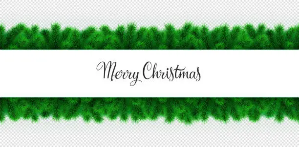 Vector illustration of Christmas garland vector isolated. Fir branches and Merry Christmas text. Seamless xmas border and background for winter holidays designs. Pine, spruce twigs frame for noel and navidad decor.