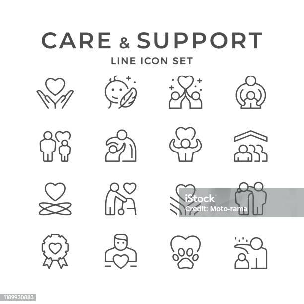 Impostare Le Icone Di Linea Di Cura E Supporto - Immagini vettoriali stock e altre immagini di Icona - Icona, Accudire, Famiglia
