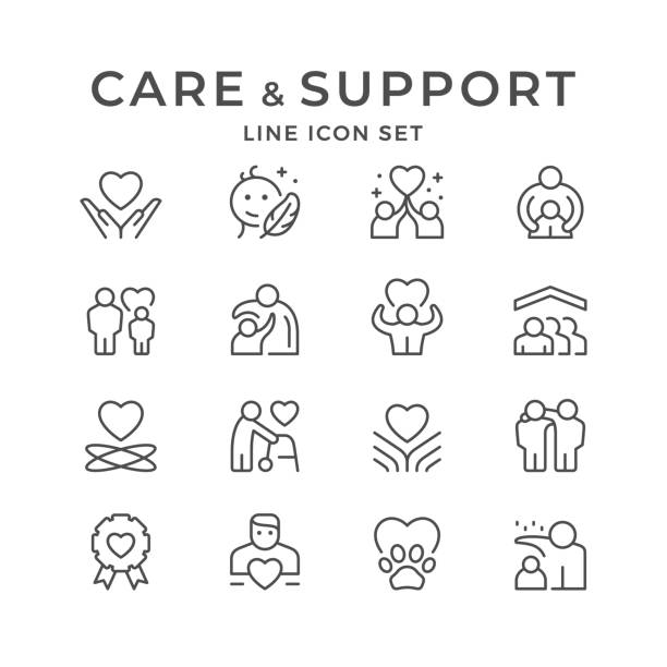 Set line icons of care and support Set line icons of care and support isolated on white. Mother protection, friend hug, volunteer sign, child protect, charity service. Vector illustration happiness symbols stock illustrations