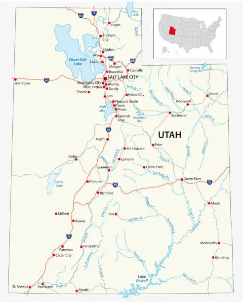 Vector illustration of road map of the US American State of Utah