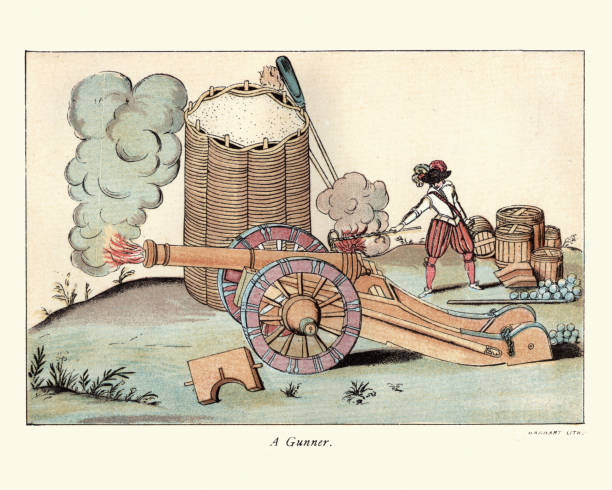 Vintage engraving of a Artillery gunner firing a cannon, barricade made from Wicker and sand, 17th Century, English Civil War