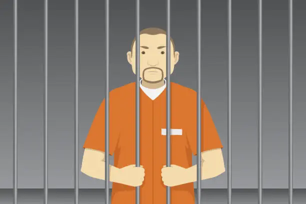 Vector illustration of Convict behind prison bars. Vector illustration
