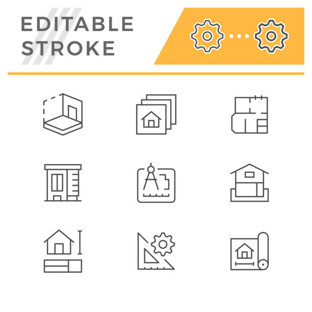 illustrazioni stock, clip art, cartoni animati e icone di tendenza di impostare le icone di linea dell'architettura - drawing compass machine part engineering plan