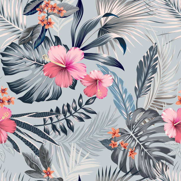 vector seamless botanical tropical pattern with lush foliage and flowers. vector seamless botanical tropical pattern with lush foliage and flowers. Hibiscus and frangipani flowers with monstera leaves, areca palm leaf, fan palm. Multicolor artistic background allover design. all over pattern stock illustrations
