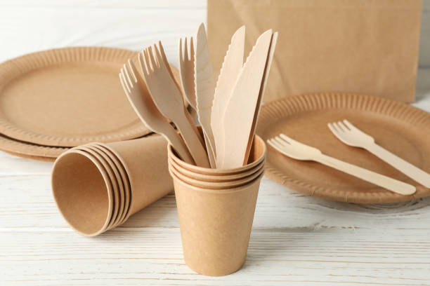 istock Eco - friendly tableware and paper bag on wooden table, close up 1189933987