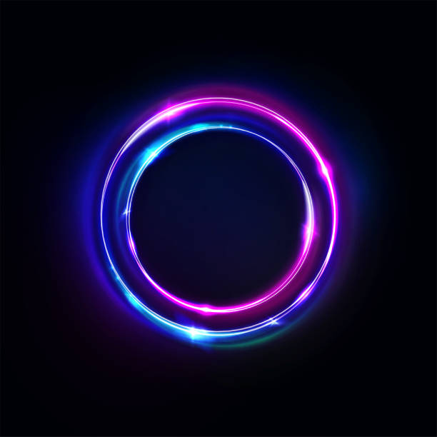istock Circle abstract background, glowing neon lights, round portal. Vector. Pink blue and purple glow rings. Circular light frame, ultraviolet. 1189934224