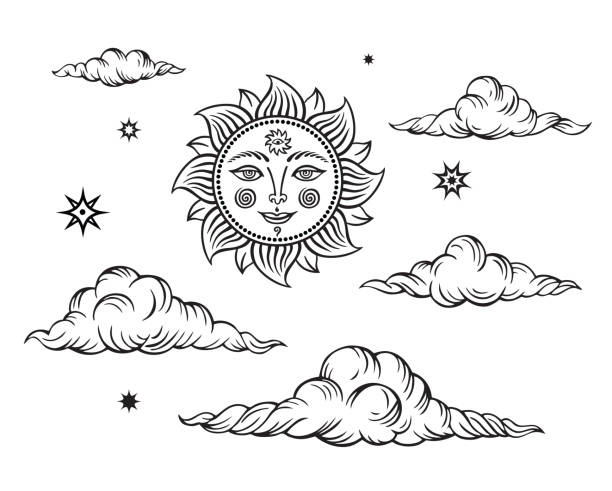 солнце, облака и звезды - cloud cloudscape symbol ink stock illustrations