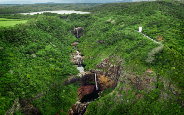 Aerial view of the Tamarind Falls on Mauritius stock photo