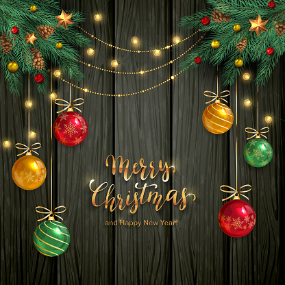 Black wooden background with fir tree branches, Christmas lights, balls and stars. Golden lettering Merry Christmas. Illustration can be used for holiday design, cards, invitations and banners.