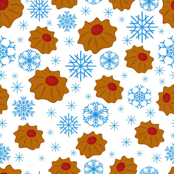 Vector illustration of Cookies and snowflakes. Festive New Year and Christmas texture.