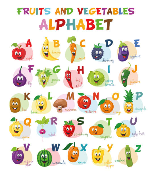 ilustrações de stock, clip art, desenhos animados e ícones de cute cartoon illustrated alphabet with funny fruits and vegetables characters. english alphabet. learn to read. isolated vector illustration. - letter alphabet symbol fruit