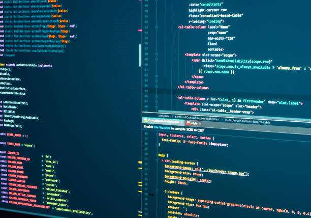 istock Detailed real php lines with markup splitting on the monitor. Web developing 1189940542