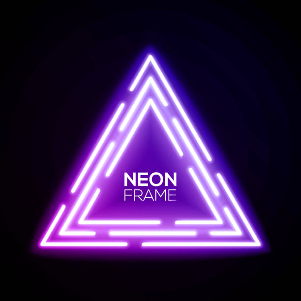 Purple neon light triangles. Shining techno frame. Night club electric bright 3d sign. Banner design on dark blue backdrop. Neon abstract tech background with glow. Technology vector illustration. Purple neon light triangles. Shining techno frame. Night club electric bright 3d sign. Banner design on dark blue backdrop. Neon abstract tech background with glow. Technology vector illustration. trigone stock illustrations