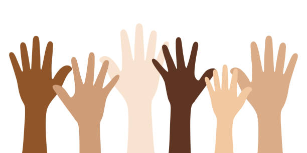 illustrations, cliparts, dessins animés et icônes de les gens avec différentes couleurs de peau levant leurs mains. concept d'unité. - human hand reaching black white