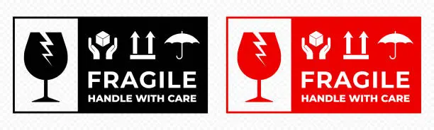 Vector illustration of Fragile package icons set, handle with care logistics and delivery shipping labels. Fragile box, keep dry umbrella and glass parcel warning vector signs