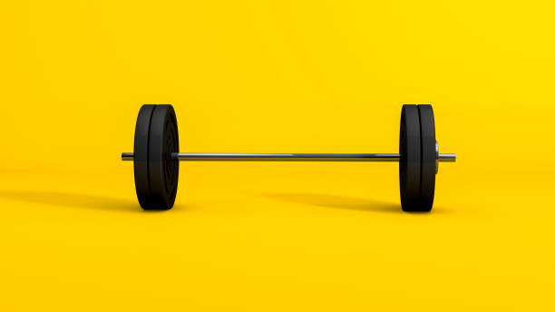 3D Rendering,Realistic mock-up of barbell, weightlifting equipment object with shiny reflection metal texture and shadow, isolated on yellow background.