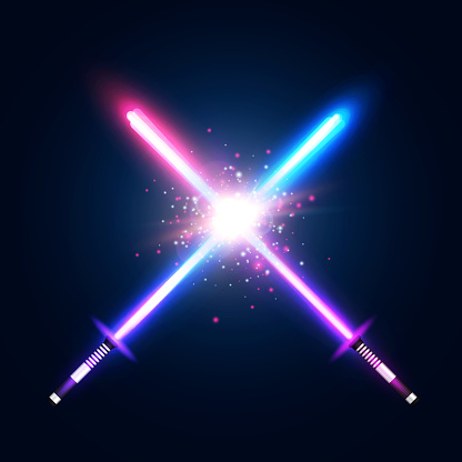 Abstract background with two crossed light neon swords fight. Crossing laser sabers war. Club logo or emblem. Glowing rays in space. Battle with star, flash and particles. Colorful vector illustration