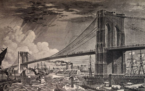 ilustrações de stock, clip art, desenhos animados e ícones de antique illustration - new york 1881 - east river bridge - between new york and brooklyn - east river illustrations