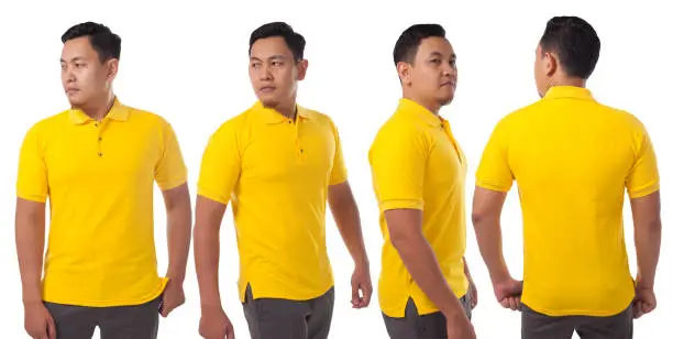 Blank collared shirt mock up template, front, side and back view, Asian male model wearing plain yellow t-shirt isolated on white. Polo tee design mockup presentation for print.