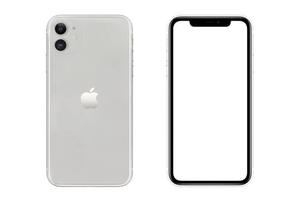 Iphone 11 Silver White Blank Screen and Rear on white background New York, USA- November 24, 2019: Front and rear view of white color Iphone 11 smartphone on white background. mobile phone finance business technology stock pictures, royalty-free photos & images