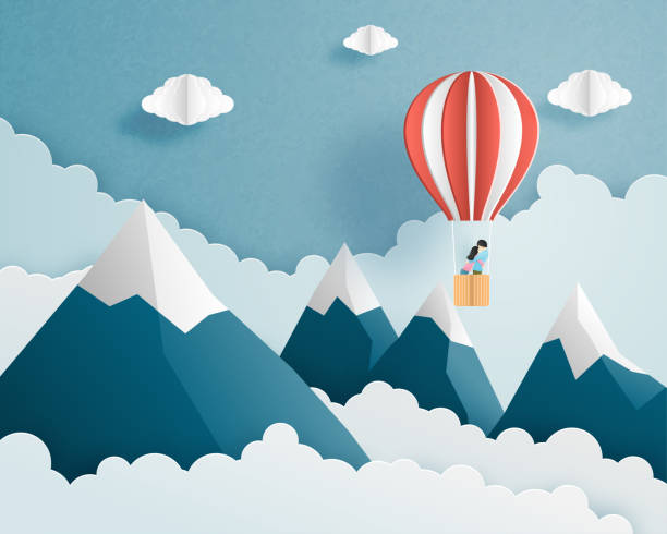 illustrazioni stock, clip art, cartoni animati e icone di tendenza di adoro viaggiare banner, poster, concetto di biglietto d'invito. gli origami hanno fatto coppia in mongolfiera volando su nuvole e cielo sullo sfondo e sullo spazio della montagna. stile di taglio della carta illustrazione vettoriale. - love transportation cloud cloudscape