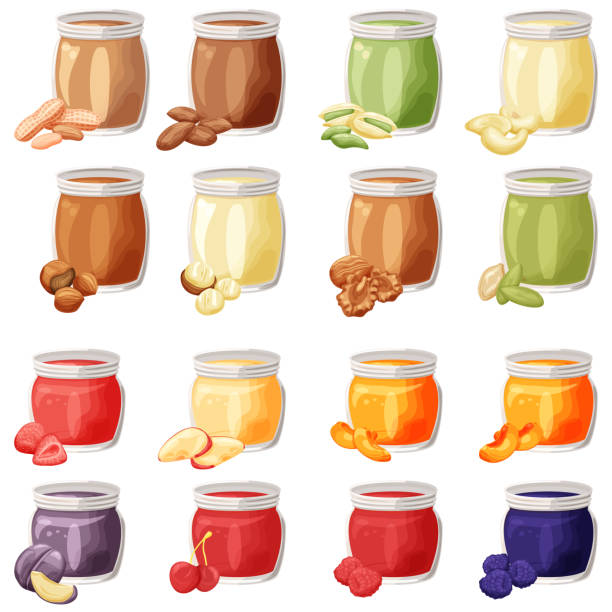 illustrazioni stock, clip art, cartoni animati e icone di tendenza di burro di noci e sapori di frutta in vasetti set di cartoni animati, diverse crepace e crepace, illustrazioni colorate. - cashew apple fruit food jar