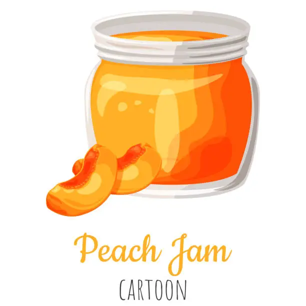 Vector illustration of Peach fruit jam in a jar isolated close-up illustration, cartoon colorful clip-art.