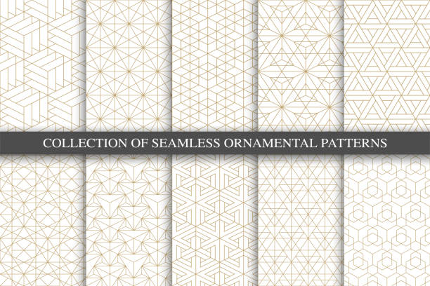 illustrazioni stock, clip art, cartoni animati e icone di tendenza di collezione di motivi minimalisti geometrici ornamentali senza cuciture. sfondi a griglia alla moda di lusso. texture creativa lineare in oro - christmas pattern striped backgrounds