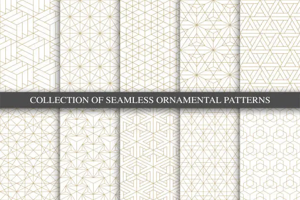 Vector illustration of Collection of seamless ornamental geometric minimalistic patterns. Luxury trendy grid backgrounds. Creative linear gold texture