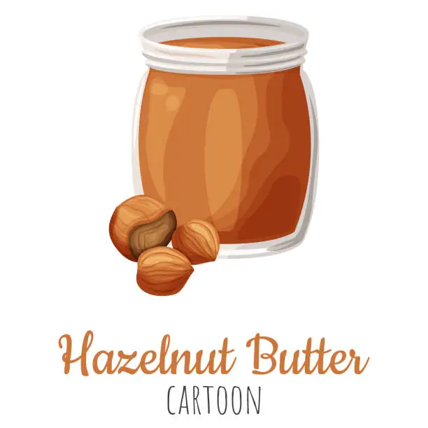 Vector illustration of Hazelnut butter spread vector illustration, cartoon isolated colorful nut butter in a jar.