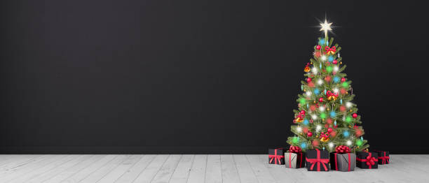 istock Empty Christmas Room with fir tree, presents and black wall copy space 3d Render 1189959805