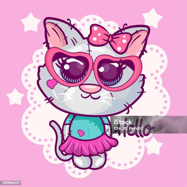 Anak Kucing Kartun Lucu Dengan Latar Belakang Merah Muda Vector