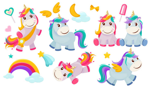 Magic unicorns. Baby little fairytale animals pony horse pink characters with rainbows for girls vector Magic unicorns. Baby little fairytale animals pony horse pink characters with rainbows for girls vector. Illustration unicorn horse, magic pony, fairytale rainbow pony wings stock illustrations