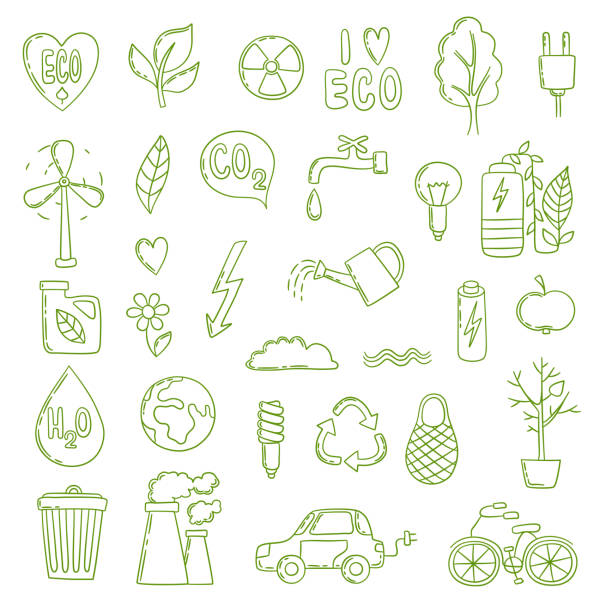 Ecologic doodle. Green energy concept pictures collection clean environment save air bio co2 plant growth vector Ecologic doodle. Green energy concept pictures collection clean environment save air bio co2 plant growth vector. Eco recycle, save green energy illustration co2 drawings stock illustrations