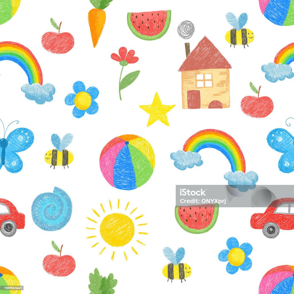 Kids Drawing Pattern Family Parents Plants Toys Childrens Colored Hand  Drawn Objects For Textile Design Vector Seamless Background Stock  Illustration - Download Image Now - iStock