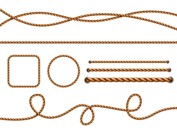 istock Realistic ropes. Yellow or brown curved nautical ropes with knots vector template 1189961763