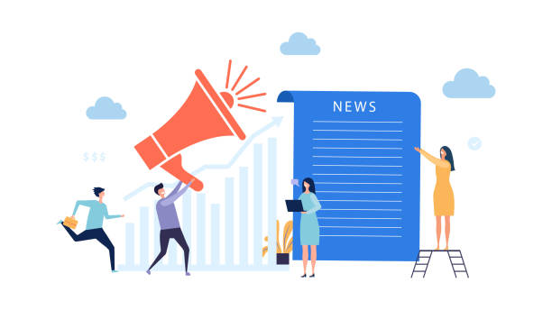 News update. Vector breaking news concept. Reportage illustration with tiny people News update. Vector breaking news concept. Reportage illustration with tiny people. Communication breaking news, people and media page releasing stock illustrations