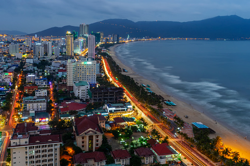 Elevated view of the My Khe Beach area of Da Nang, Vietnam at dusk.