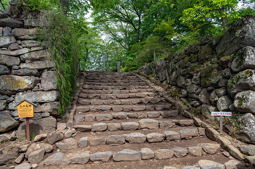 Komoro, Nagano, Japan - May 29, 2019 : Ninomaru of the Komoro Castle Ruins. It was home to a junior branch of the Makino clan, daimyo of Komoro Domain.