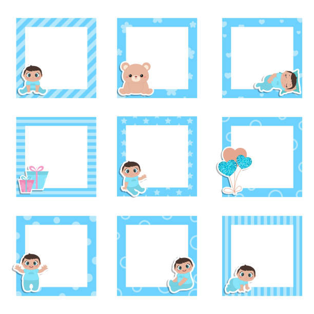 ilustraciones, imágenes clip art, dibujos animados e iconos de stock de conjunto de marco de fotos colorido lindo con iconos de bebé - bebé fotos