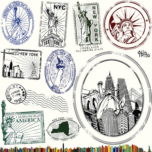 стильные статуя свободы печати - retro revival new york state usa north america stock illustrations