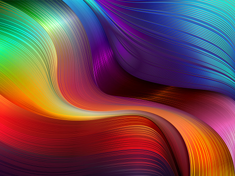 Volumetric fractal dynamic wavy shapes and lines in 3D style. Trend abstract background of fluid flows and swirls with mirror effect and glitter in bright rainbow colors