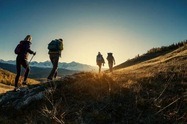 Photo of Group of hikers walks in mountains at sunset