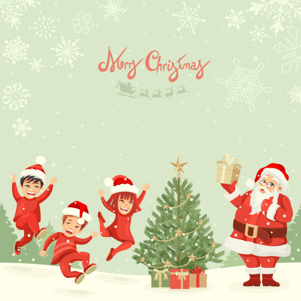 illustrations, cliparts, dessins animés et icônes de santa claus avec des enfants - child winter snow asian ethnicity